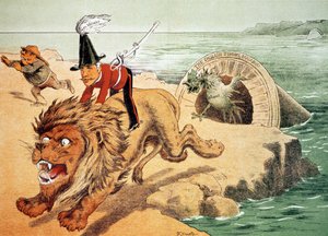 「ライオンはコックのうずくまりに直面することはできません」、チャンネルトンネルスケアのアメリカの眺め、「パック」誌のイラスト 作： Friedrich Graetz